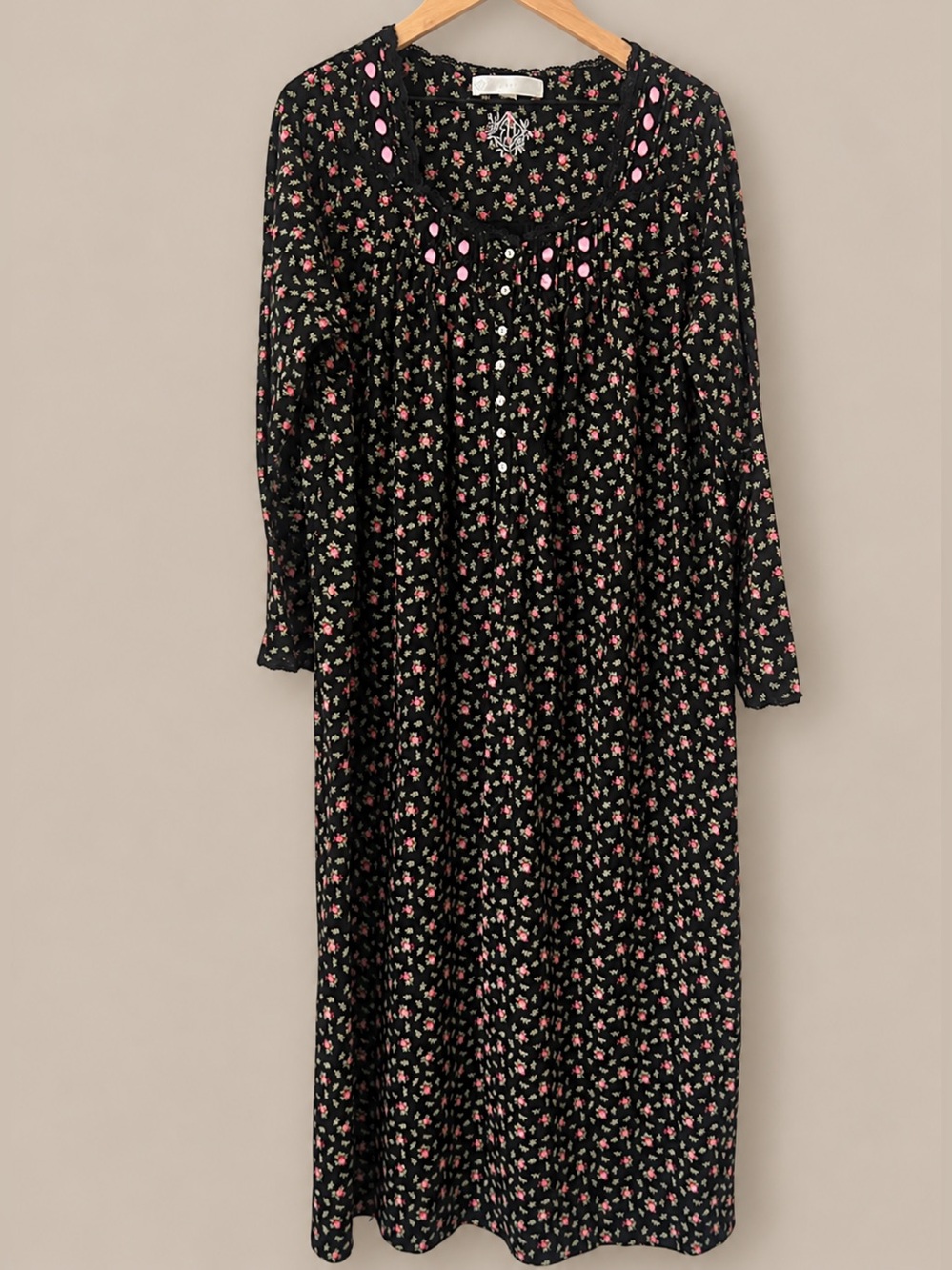 Eileen West Black Pink Rose Floral Cotton Long Sleeve Nightgown Large